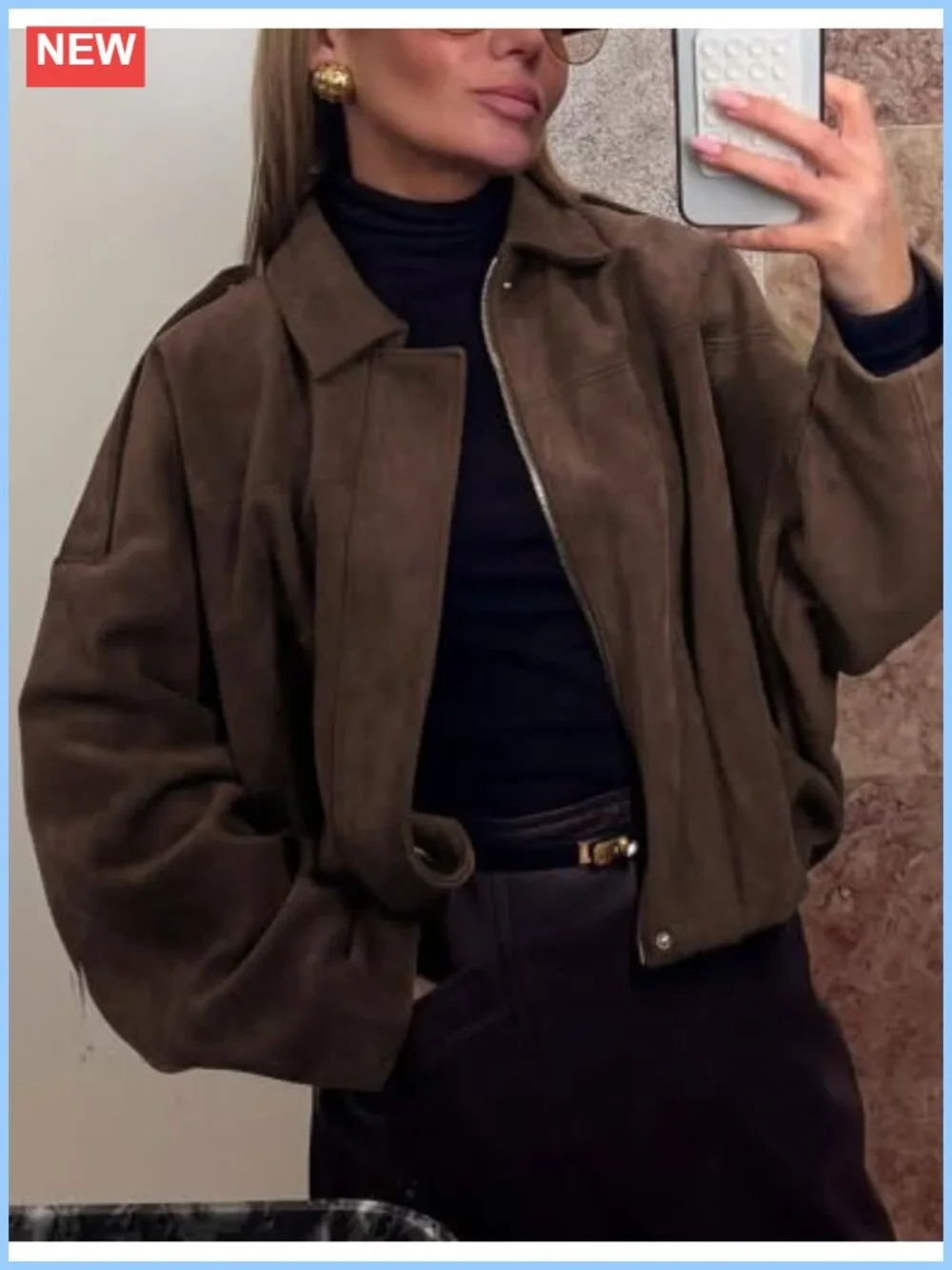 Faux Suede Oversized Cropped Bomber Jacket Women Batwing Streetwear